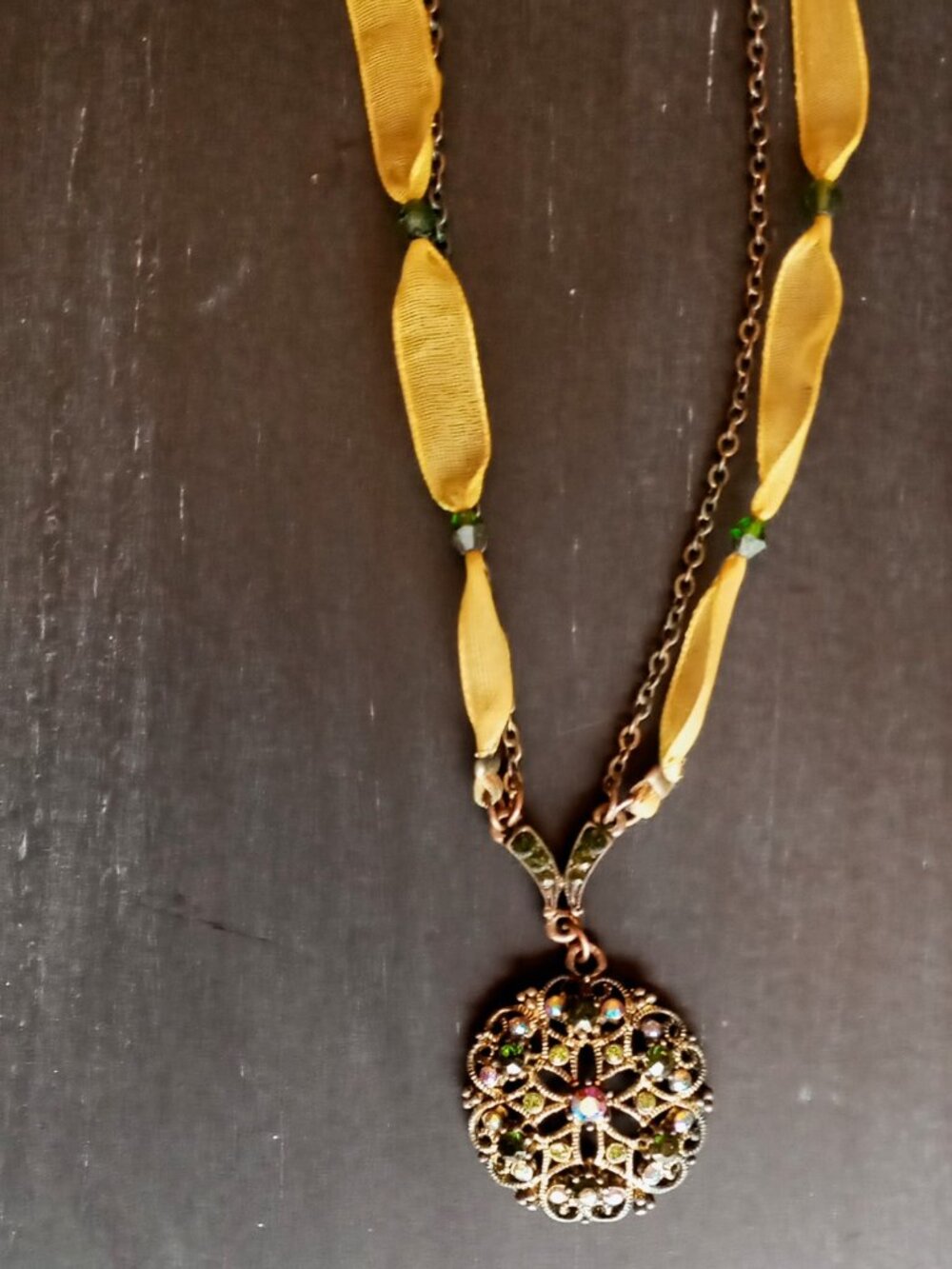 Vintage Filigree-style Pendant Necklace w/Multi-colored Crystal Rhinestones - Picture 10 of 16
